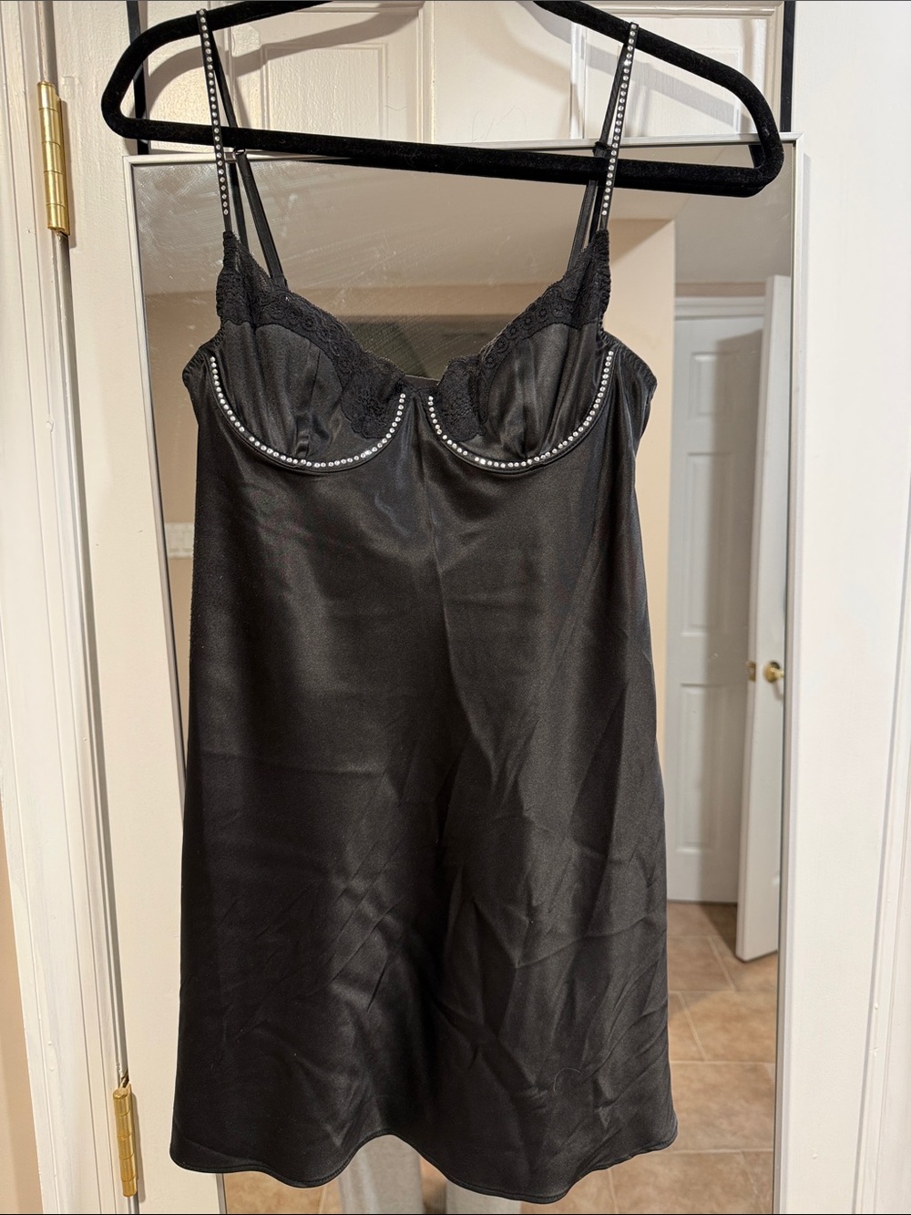 Victoria's Secret Black Satin Slip with Lace Cups and Rhinestone Trim